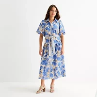 Melonie T Womens Belted Short Sleeve Midi Floral Shirt Dress