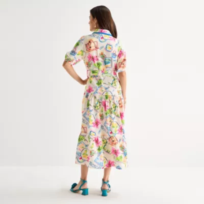 Melonie T Womens Belted Short Sleeve Midi Floral Shirt Dress