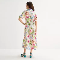 Melonie T Womens Belted Short Sleeve Midi Floral Shirt Dress
