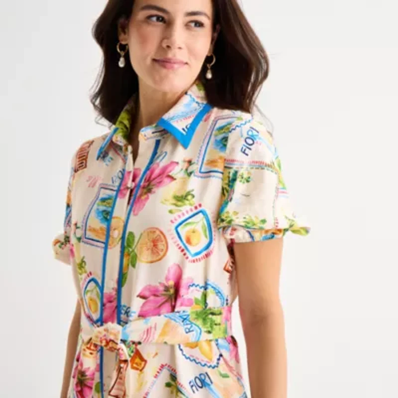 Melonie T Womens Belted Short Sleeve Midi Floral Shirt Dress