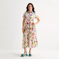 Melonie T Womens Belted Short Sleeve Midi Floral Shirt Dress