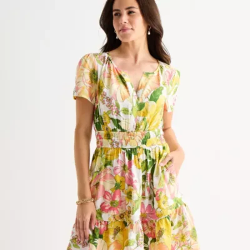 Be by CHETTA B Womens Short Sleeve Floral Fit + Flare Dress