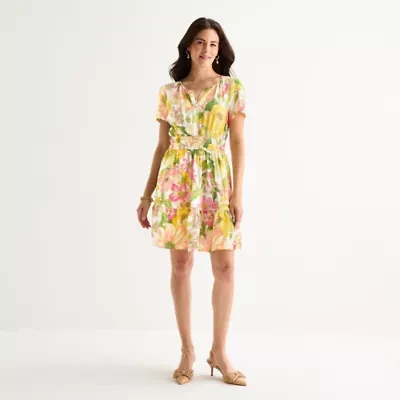 Be by CHETTA B Womens Short Sleeve Floral Fit + Flare Dress