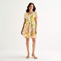 Be by CHETTA B Womens Short Sleeve Floral Fit + Flare Dress