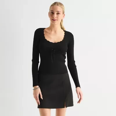 by&by Juniors Womens U Neck Long Sleeve Polo Sweater