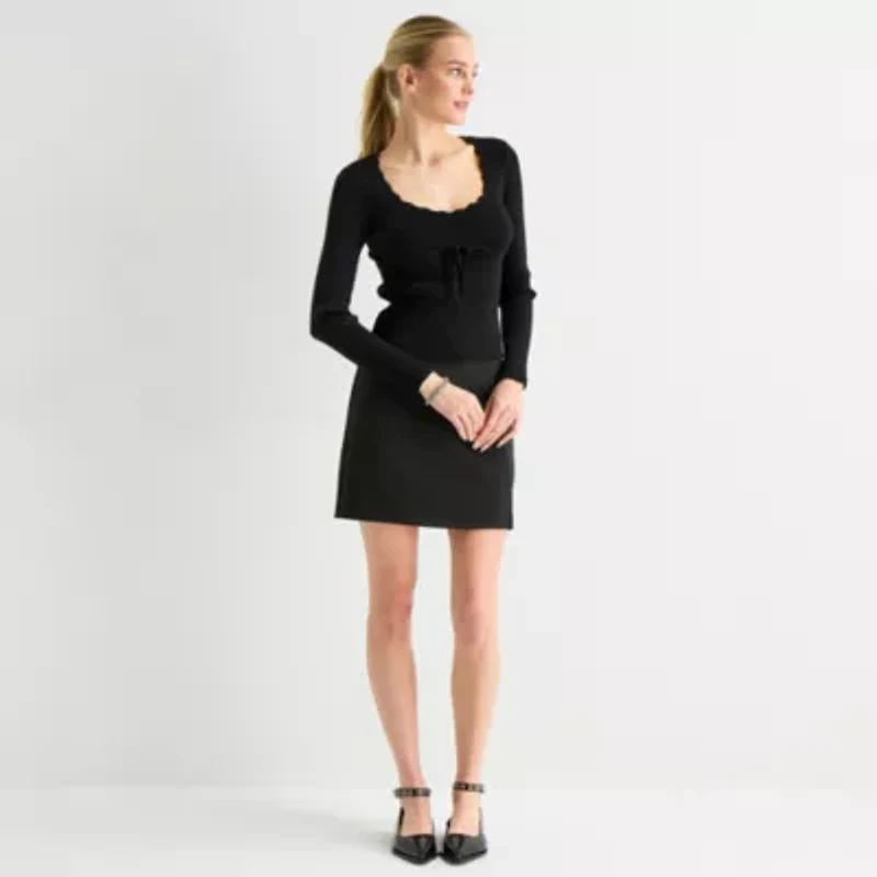 by&by Juniors Womens U Neck Long Sleeve Polo Sweater