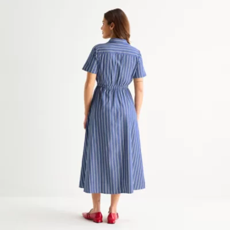 St. John's Bay Womens Short Sleeve Midi Shirt Dress