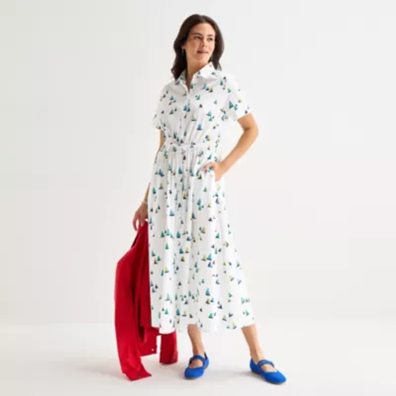 St. John's Bay Womens Short Sleeve Midi Shirt Dress