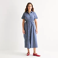 St. John's Bay Womens Short Sleeve Midi Shirt Dress