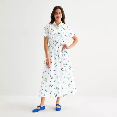 St. John's Bay Womens Short Sleeve Midi Shirt Dress