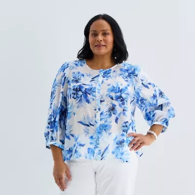 Liz Claiborne Womens Plus Scoop Neck 3/4 Sleeve Blouse