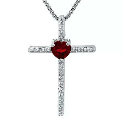 Genuine Garnet and Diamond-Accent Sterling Silver Cross and Heart Pendant Necklace