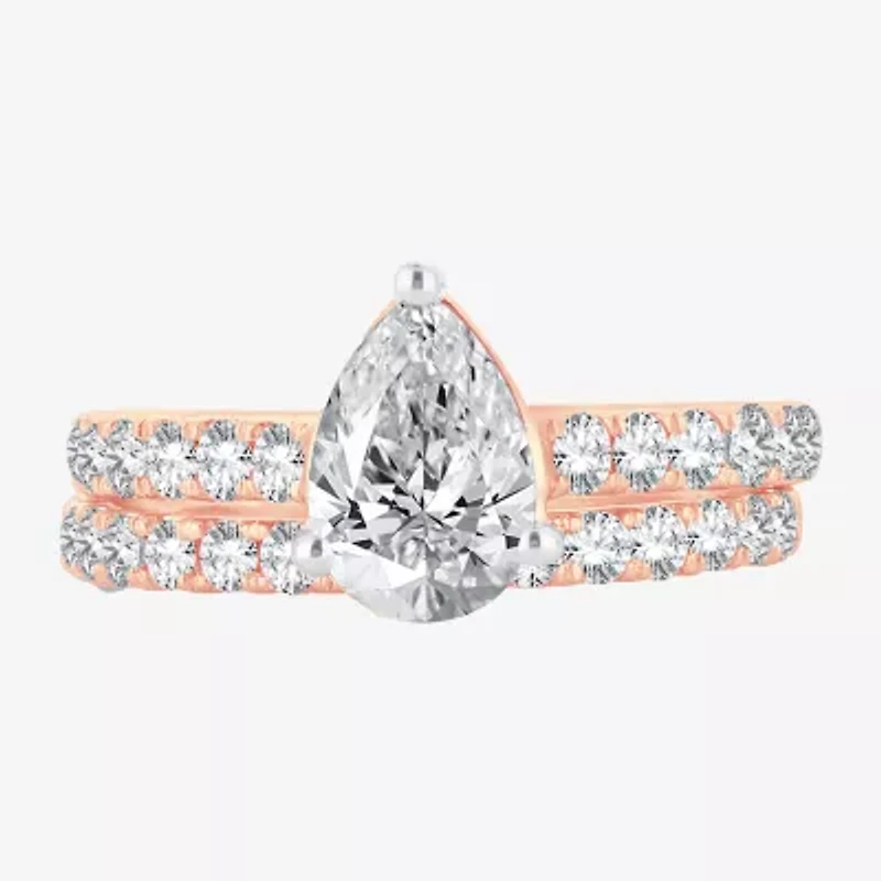 (H-I / SI1-SI2) Signature By Modern Bride Womens 3 CT. T.W. Lab Grown White DiamondIn 14K Gold Pear Bridal Set