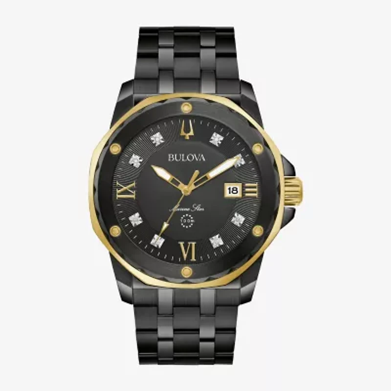 Bulova Marine Star Mens Diamond Accent Black Stainless Steel Bracelet Watch 98d176