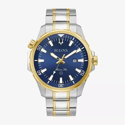 Bulova Marine  Star Mens Two Tone Stainless Steel Leather Bracelet Watch 98b384