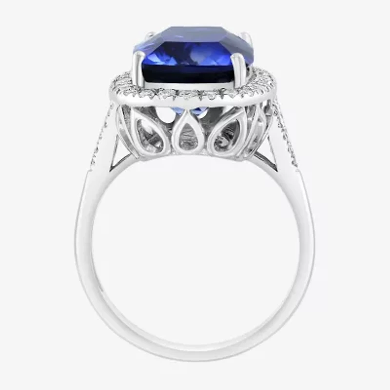 Effy Final Call Womens 1/2 CT. T.W. Lab Created Blue Sapphire 14K White Gold Cushion Halo Cocktail Ring