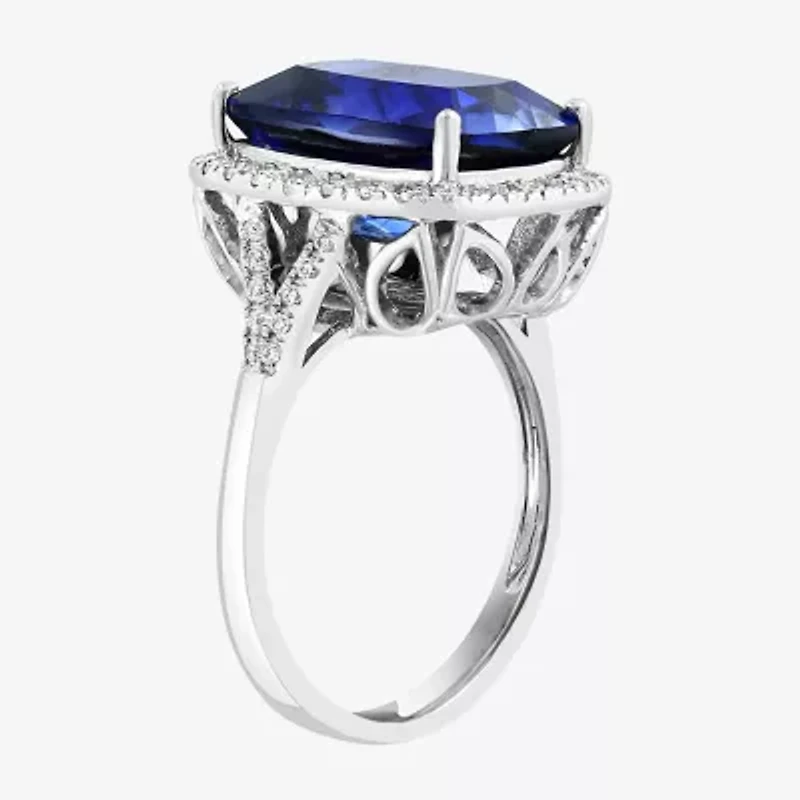 Effy Final Call Womens 1/2 CT. T.W. Lab Created Blue Sapphire 14K White Gold Cushion Halo Cocktail Ring