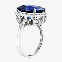 Effy Final Call Womens 1/2 CT. T.W. Lab Created Blue Sapphire 14K White Gold Cushion Halo Cocktail Ring