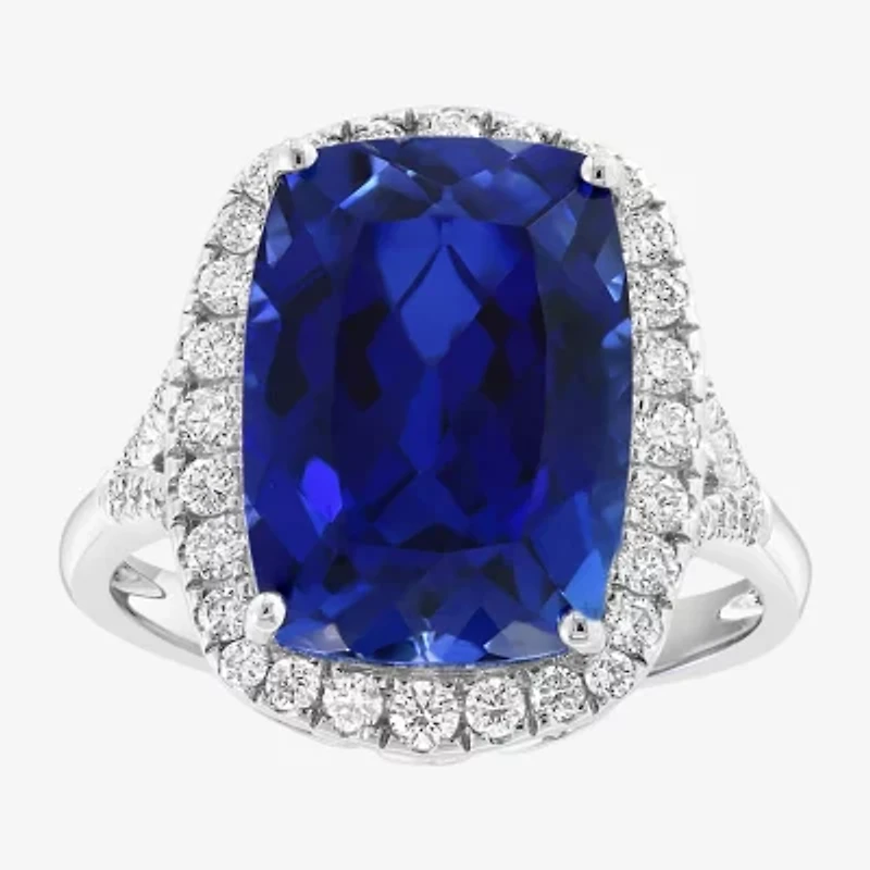 Effy Final Call Womens 1/2 CT. T.W. Lab Created Blue Sapphire 14K White Gold Cushion Halo Cocktail Ring