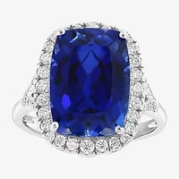 Effy Final Call Womens 1/2 CT. T.W. Lab Created Blue Sapphire 14K White Gold Cushion Halo Cocktail Ring