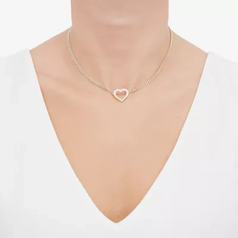 Gold Addiction Womens White Cubic Zirconia 10K Gold Heart 18 Inch Pendant Necklace