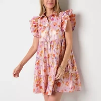 Melonie T Womens Short Sleeve Floral Babydoll Dress