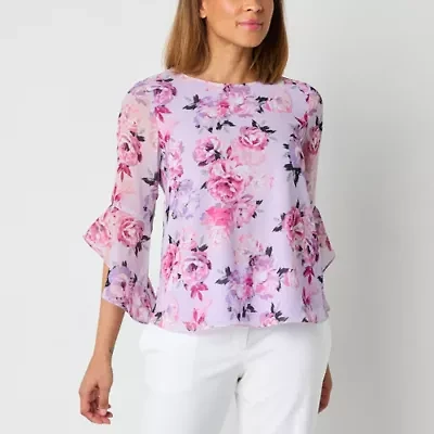Black Label by Evan-Picone Floral Womens Crew Neck 3/4 Sleeve Blouse