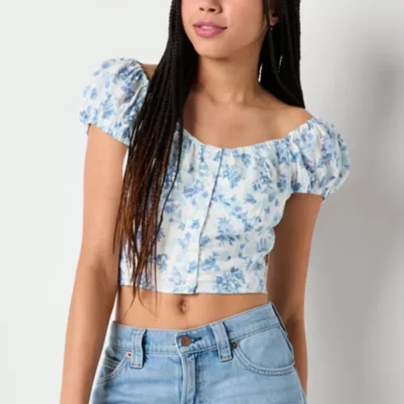 Arizona Womens Juniors Sweetheart Neck Short Sleeve Blouse