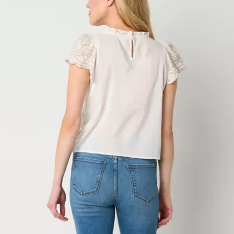 a.n.a Womens Short Sleeve Embroidered Blouse