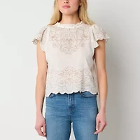 a.n.a Womens Short Sleeve Embroidered Blouse