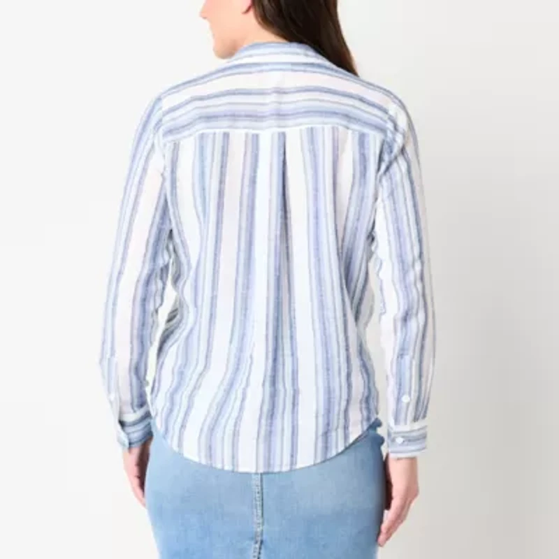 Liz Claiborne Womens Long Sleeve Cuffed Loose Fit Button-Down Shirt
