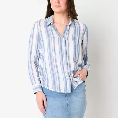Liz Claiborne Womens Long Sleeve Cuffed Loose Fit Button-Down Shirt