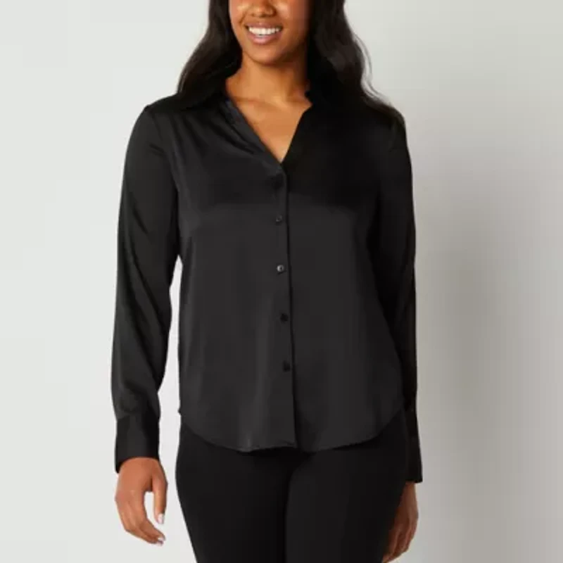 Worthington Womens Petite Cuffed Long Sleeve Regular Fit Button-Down Shirt