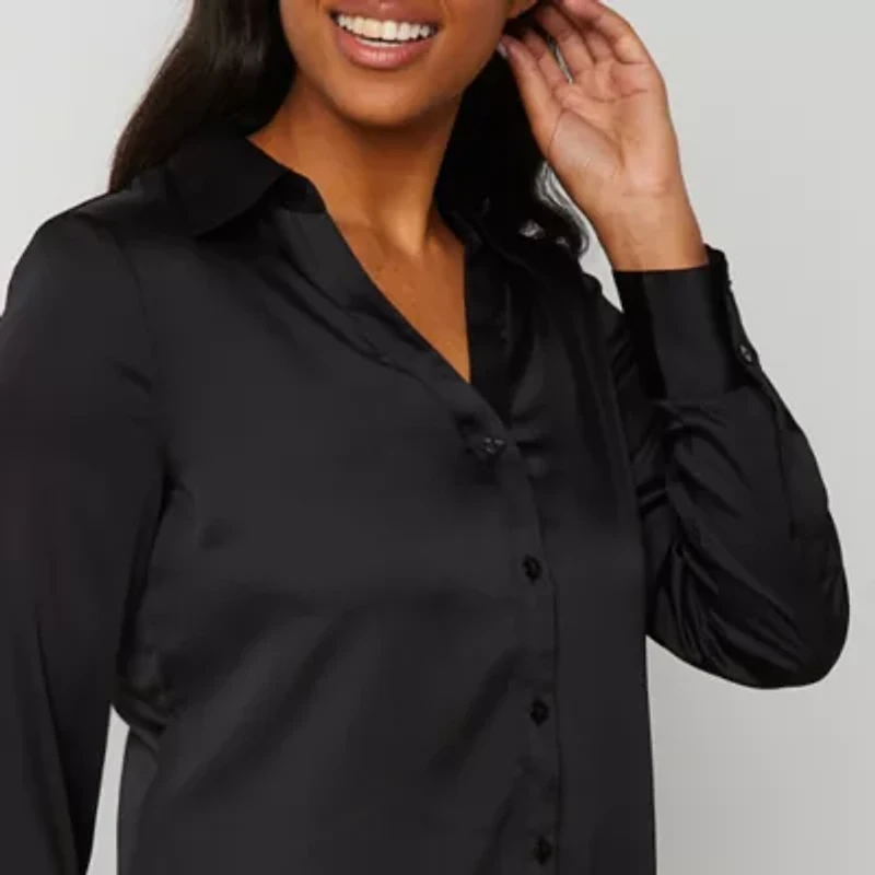 Worthington Womens Petite Cuffed Long Sleeve Regular Fit Button-Down Shirt