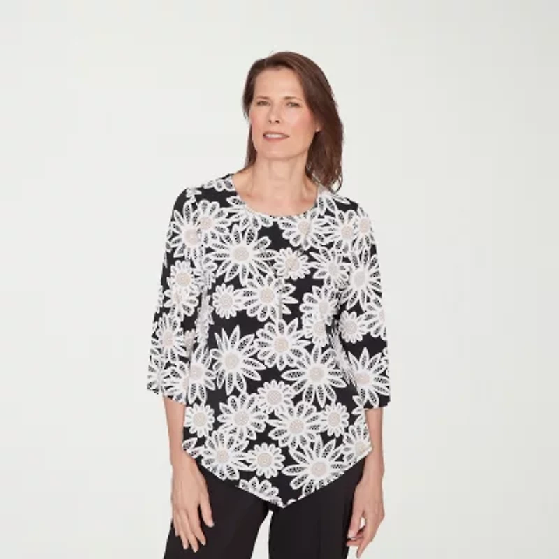 Alfred Dunner Classics Womens Crew Neck 3/4 Sleeve T-Shirt