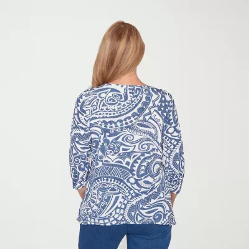 Alfred Dunner Classics Womens Crew Neck 3/4 Sleeve T-Shirt