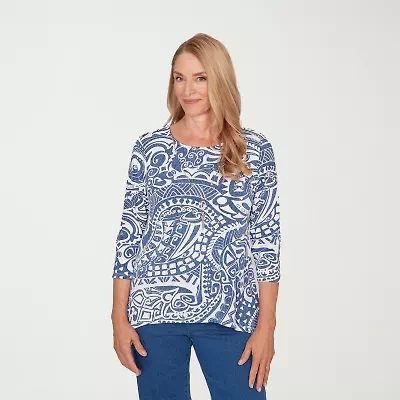 Alfred Dunner Classics Womens Crew Neck 3/4 Sleeve T-Shirt