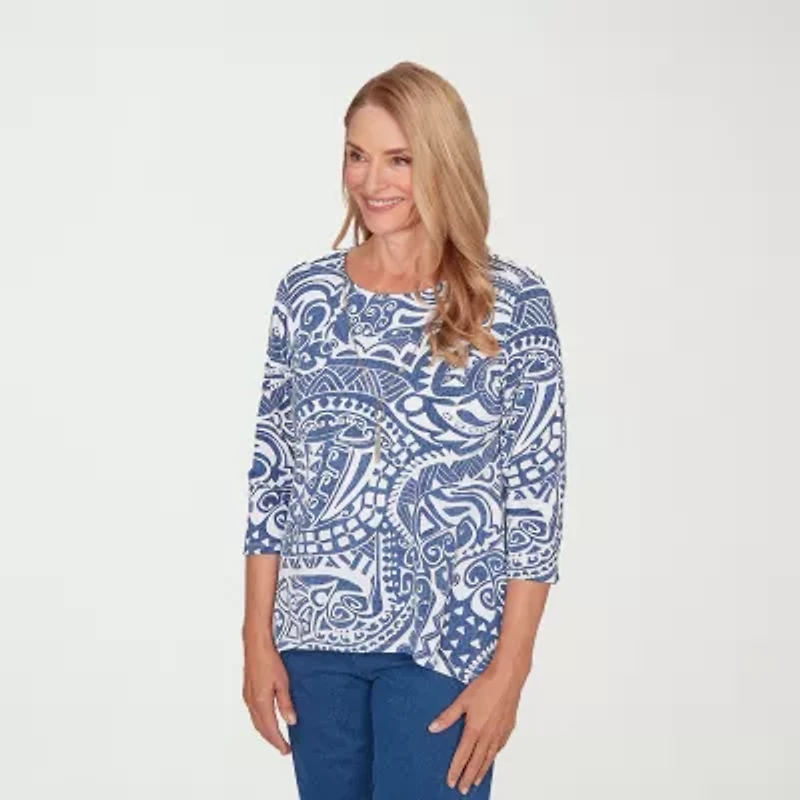 Alfred Dunner Classics Womens Crew Neck 3/4 Sleeve T-Shirt