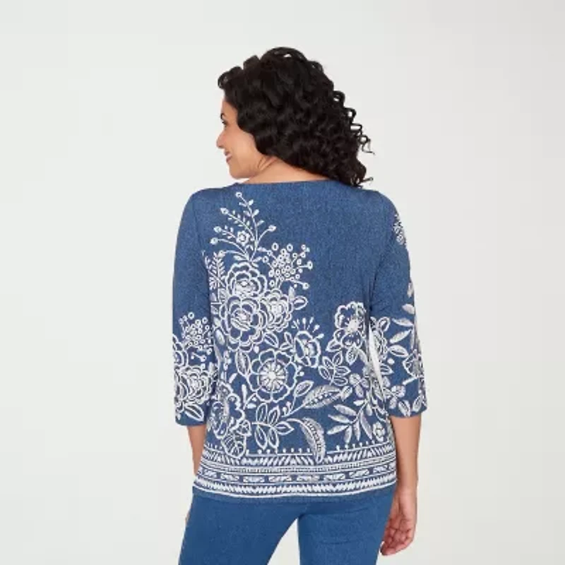 Alfred Dunner Classics Womens Split Crew Neck 3/4 Sleeve T-Shirt