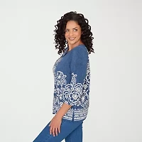 Alfred Dunner Classics Womens Split Crew Neck 3/4 Sleeve T-Shirt