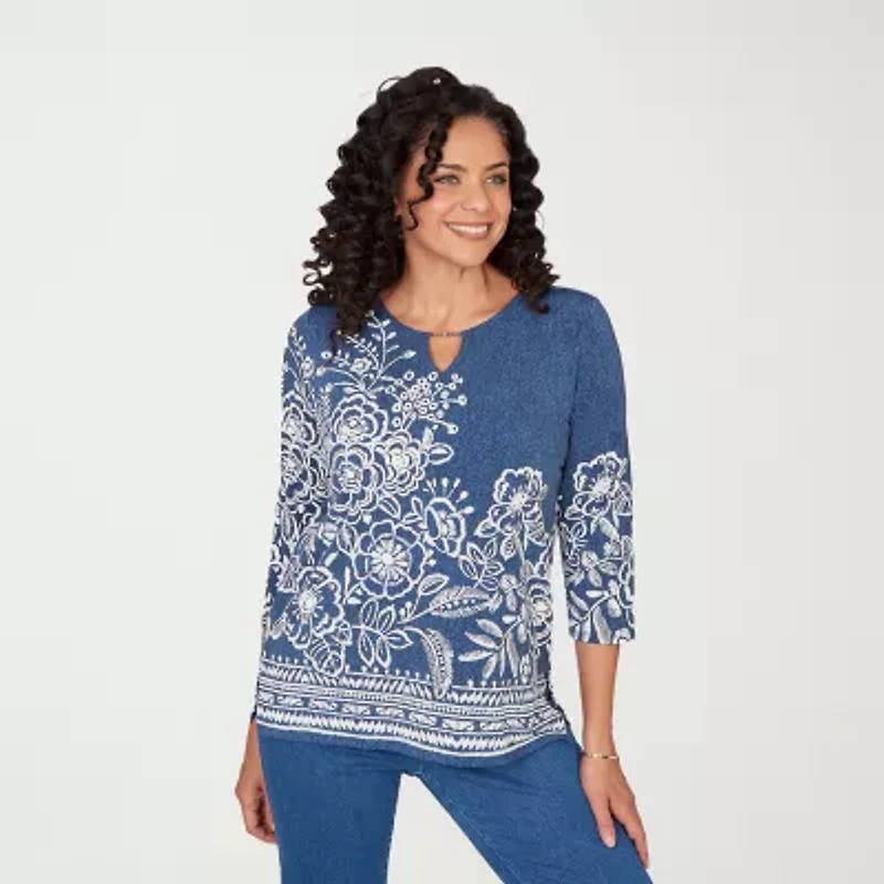 Alfred Dunner Classics Womens Split Crew Neck 3/4 Sleeve T-Shirt