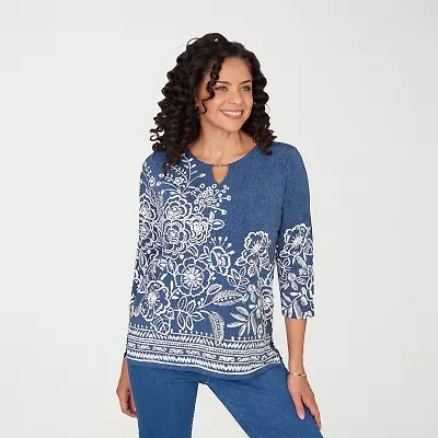 Alfred Dunner Classics Womens Split Crew Neck 3/4 Sleeve T-Shirt