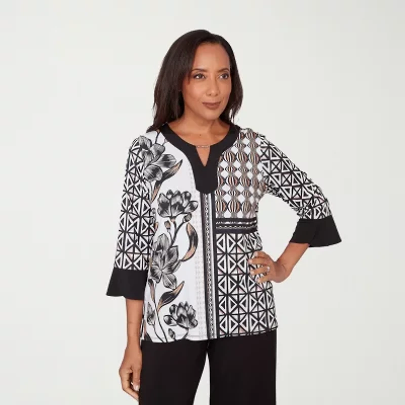 Alfred Dunner Classics Womens Split Crew Neck 3/4 Sleeve T-Shirt