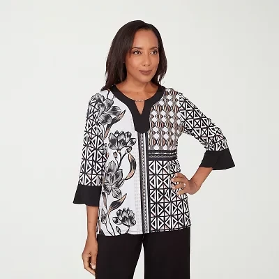 Alfred Dunner Classics Womens Split Crew Neck 3/4 Sleeve T-Shirt