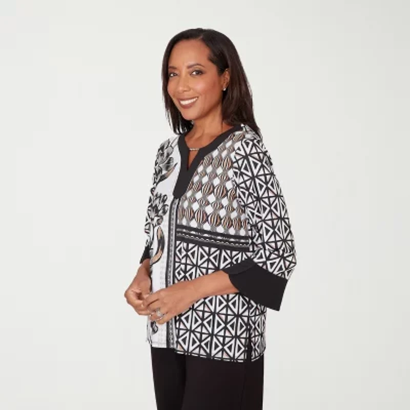 Alfred Dunner Classics Womens Split Crew Neck 3/4 Sleeve T-Shirt