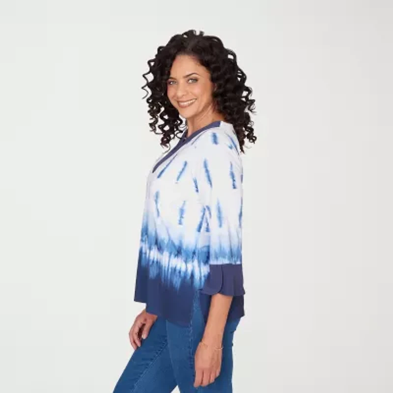 Alfred Dunner Classics Womens Split Crew Neck 3/4 Sleeve T-Shirt