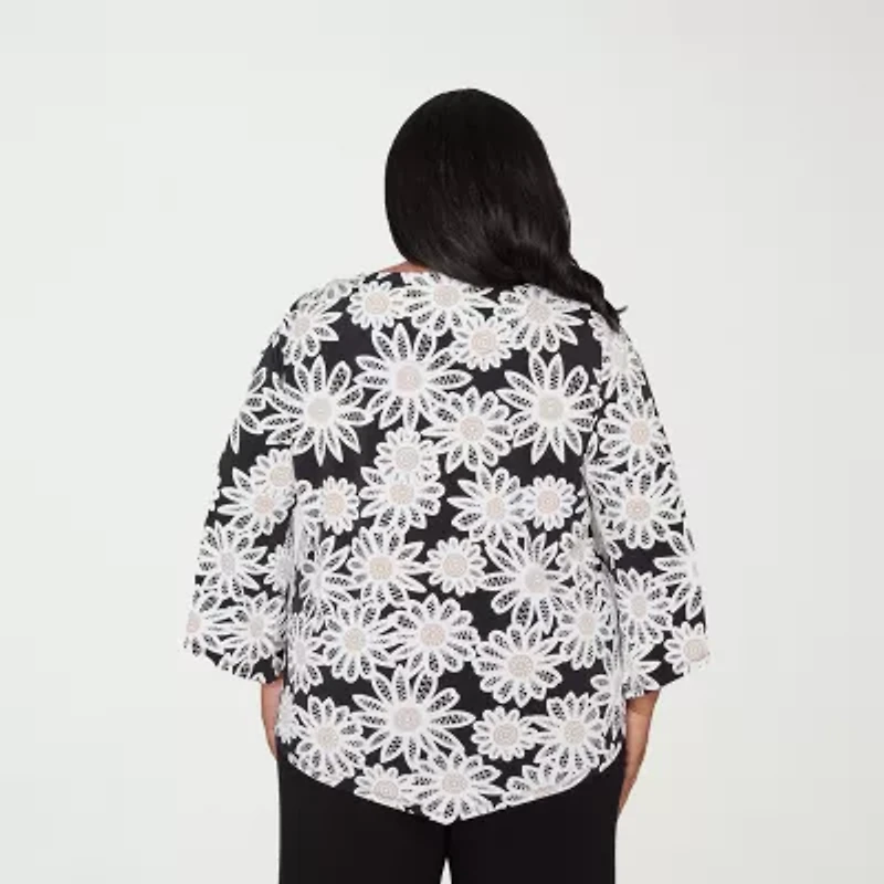 Alfred Dunner Classics Womens Plus Crew Neck 3/4 Sleeve T-Shirt