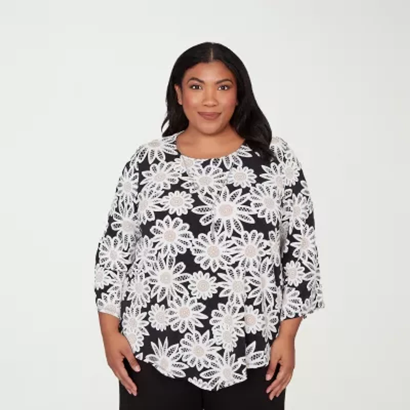 Alfred Dunner Classics Womens Plus Crew Neck 3/4 Sleeve T-Shirt