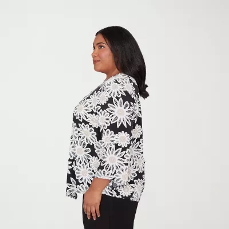 Alfred Dunner Classics Womens Plus Crew Neck 3/4 Sleeve T-Shirt