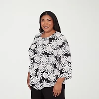 Alfred Dunner Classics Womens Plus Crew Neck 3/4 Sleeve T-Shirt